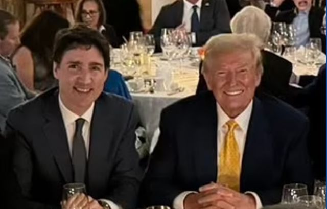 Shrunken Donald Trump Strikes Again!!  This Time Smaller Trump Dining With Taller Rubber-Faced Globalist Justin Trudeau (Who Is Supposed To Be Shorter)... Something Tall Donald Trump Would Not Have Done!!